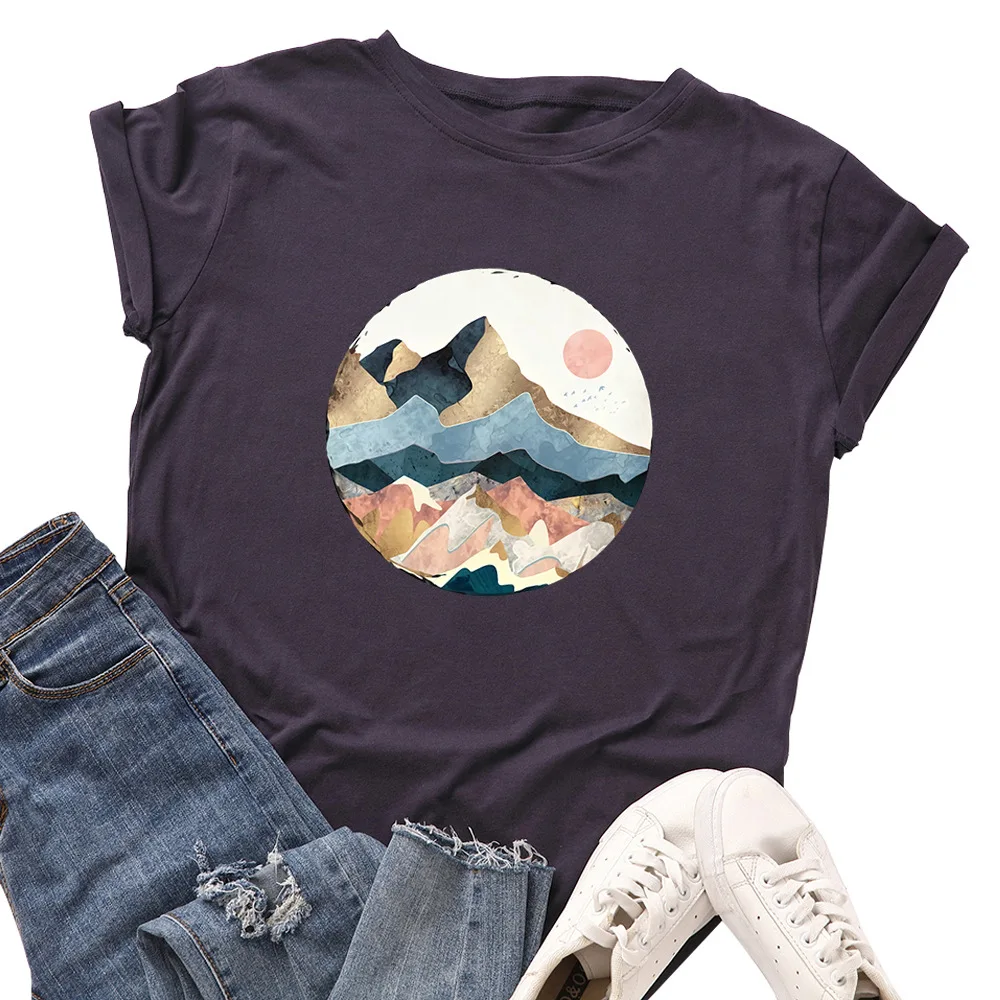 Plus Size Women's Tops T Shirt Creative Golden Mountain Peak Women T-shirt Graphic Funny Print Cotton Tshirt Summer Top Tees