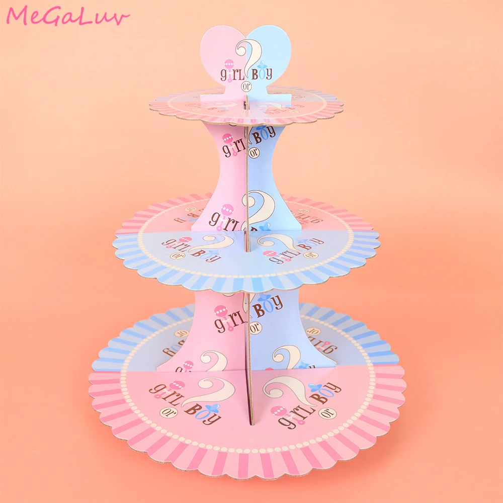 3 Tier Gender Reveal Party Cake Stand Baby Shower Birthday Party Decoration Three-layer Cardboard Cupcake Dessert Holder