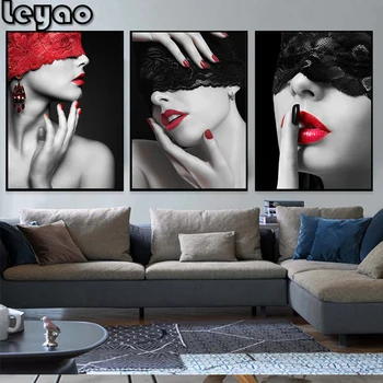

Sexy Red Lip Face Mask Naked Woman Diamond Painting embroidery Black and White Nude Women Printing Wall Art Bedroom Decoration