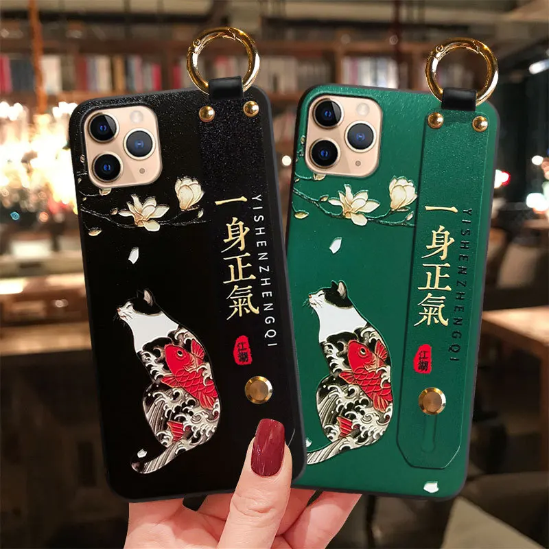 

for Samsung Galaxy S20 Ultra Note 10 Plus 5G 9 8 S10 S10e S9 S8 C9 Pro Case 3D Embossed Cat Crane Hand Strap Holder Soft Cover