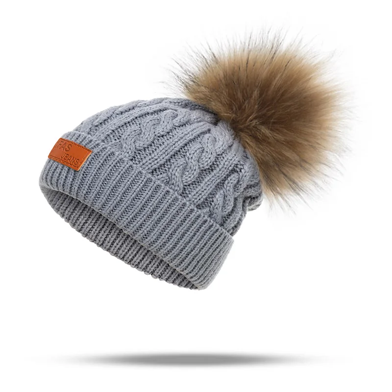 gray hat Evrfelan/Модная брендовая детская шапка и шарф, комплект из 2 предметов, зимняя шапка, шарф для девочек и мальчиков, помпоны, шапочки, набор шарфов, детские подарочные аксессуары - Цвет: gray hat
