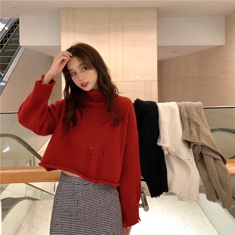 autumn winter clothes women sweaters casual loose crop top Hole turtleneck pullovers Korean style plus size knitted ladies tops