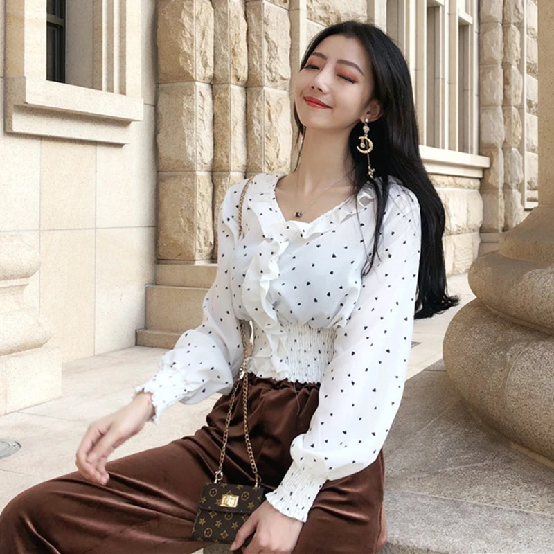 Camisa feminina, весенне-осенняя Женская одежда, корейская мода, шифоновые рубашки с v-образным вырезом, блузка в горошек с оборками, милые блузы, кроп-топы