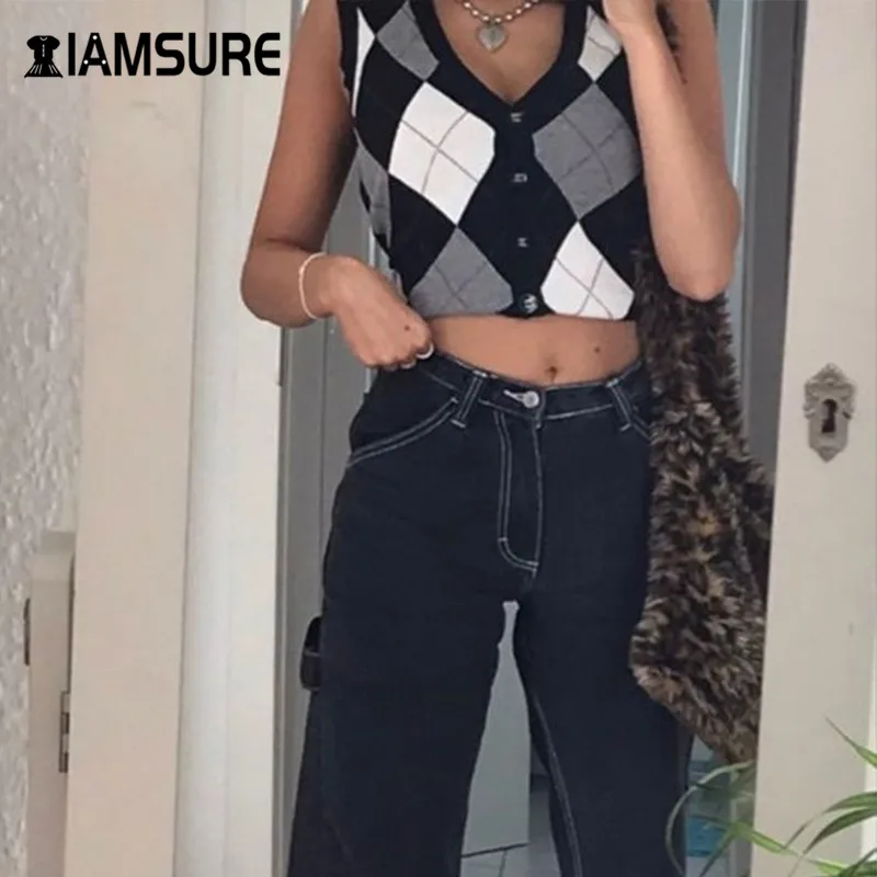 

IAMSURE Argyle Plaid Knitted Sweater Vest For Women Preppy Style Button V-Neck y2k Tops Streetwear Fashion Female 90s Knit Vest