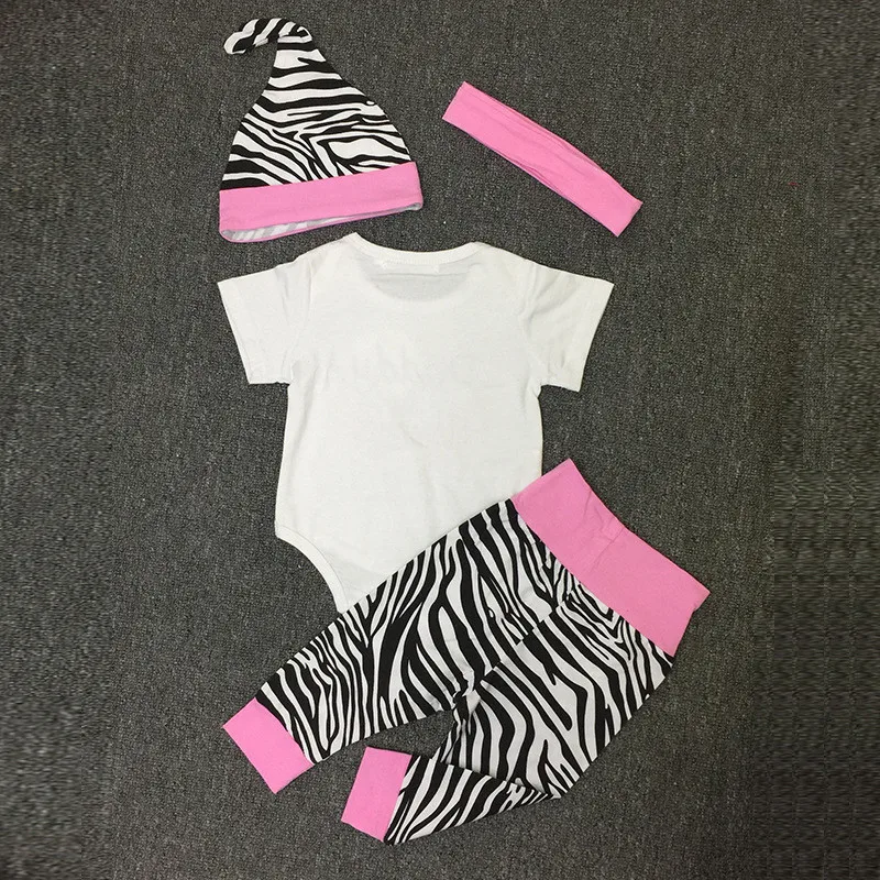 Одежда для новорожденных девочек комплект из 4 предметов: боди+ штаны с зеброй+ шапочка+ повязка на голову одежда для маленьких девочек