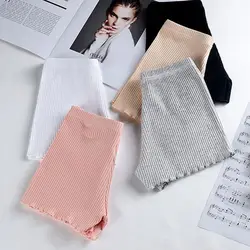 2021NEW Ladies Women Summer Safety Pants Thread Ribbed Striped Seamless Stretchy Underpants Solid Color Ruffled Agaric Hem