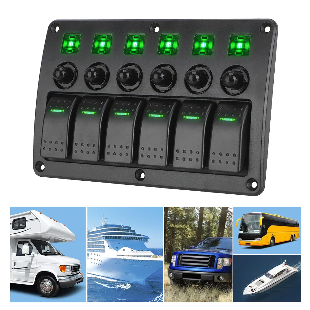 

6 Gang 12~24V Circuit Control Car Switch Panel Waterproof Marine Rocker Switch Panel LED Light with Sticker