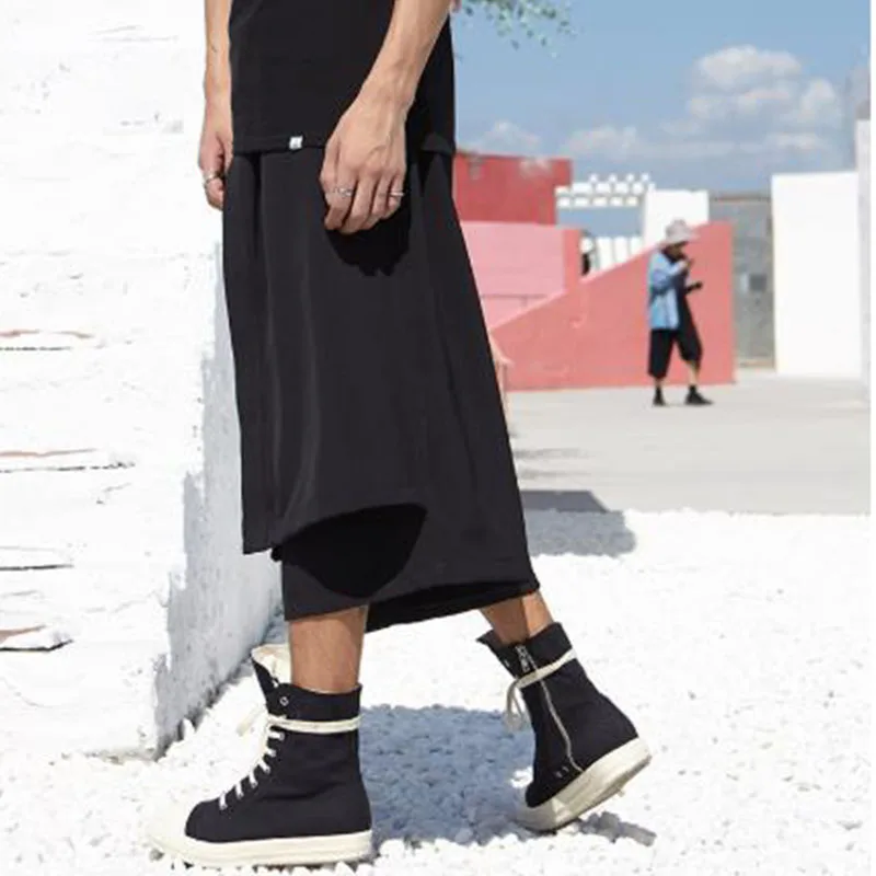 Men's pants summer slouchy wide-leg pants casual culottes men's shorts fake two pieces cropped pants hip hop yamamoto style