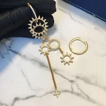 

European Gold Color Long fashion earrings female full Zircon sun flower gear long asymmetrical earrings earrings wholesale ZK40