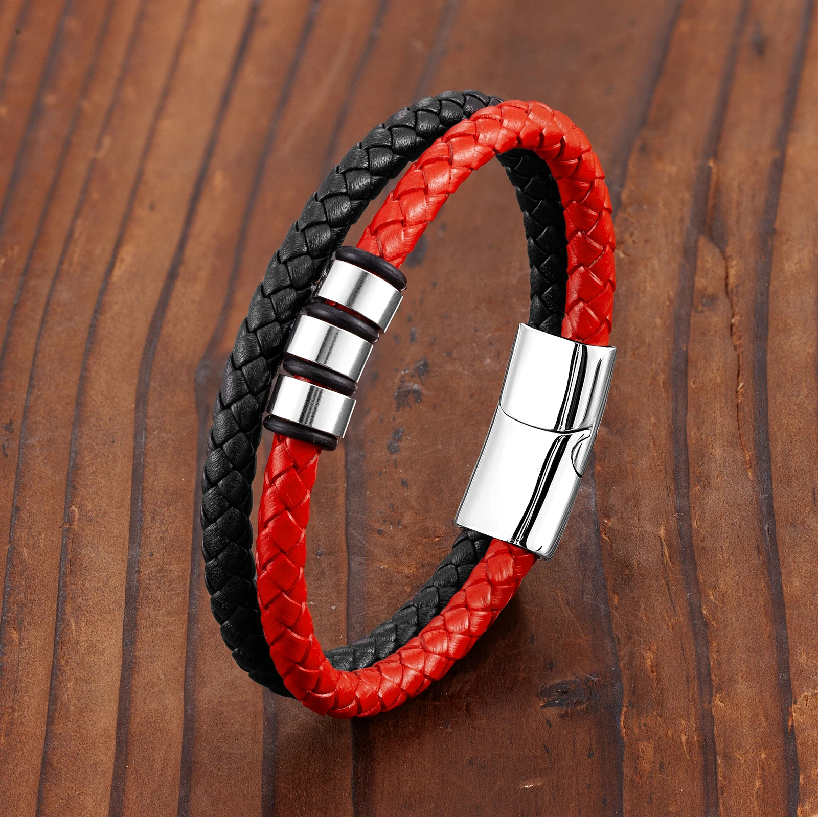 New Simple Punk Style 3 Rings 316L Stainless Steel Magnetic Buckle Men's Bracelet Two Tone Leather Cord Charm Jewelry Bracelet bracelet jewelry