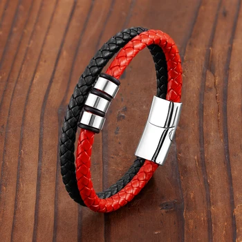 2021 New Punk Style 3 Ring 316L Stainless Steel Men's Bracelet Two-Color Leather Rope Simple Charm Jewelry Bracelet Gift