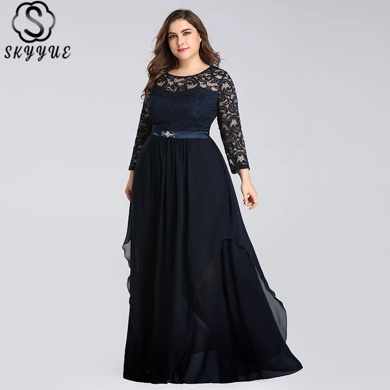 

Skyyue Crystal O-Neck Evening Dresses Full Sleeve Solid Lace Robe De Soiree Formal Gown 2019 Plus Size Women Party Dresses C543