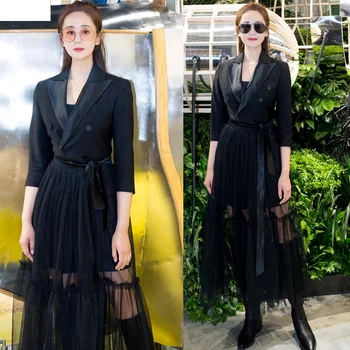 

Women Double Breasted Blazer Jacket with Mesh Skirt Two Pieces Blazer Dress Black Autumn Notched Casual Work Party Suit Coat
