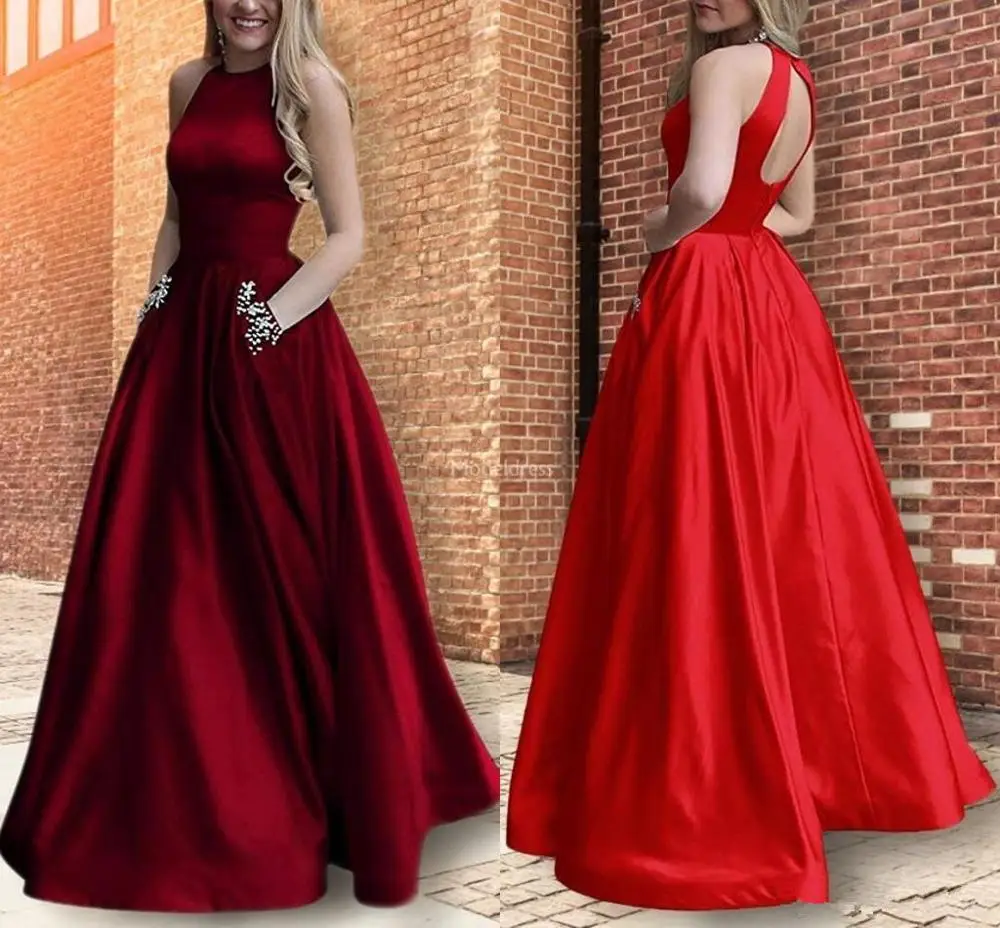 

Modern Prom Dresses 2019 Jewel Neck Beads Open Back Formal Party Evening Gowns With Pockets A Line Special Occasion Dress Vestidos De Festa prom dress