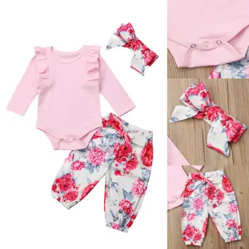 

Newborn Baby Girls Daddy's Little Princess Tops Long Sleeve Romper+ Flower Long Pants Headband Hat Outfits Clothes Set
