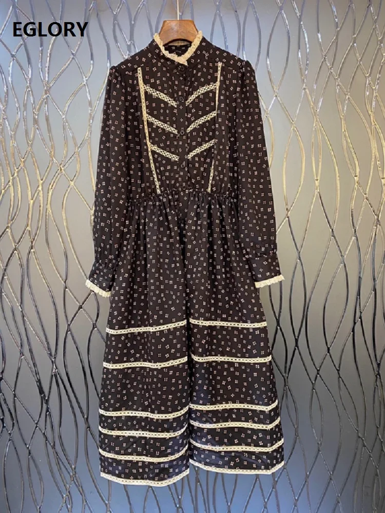 

High Quality Cotton Dress 2021 Spring Summer Fashion Women Elegant Little Floral Print Lace Patchwork Long Sleeve Vintage Dress