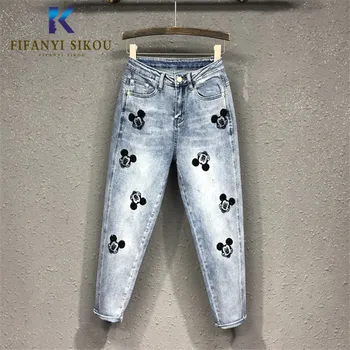 

High Waist Jeans Women Cartoon Embroidery Washed Jeans Loose Plus size Jeans Fashion Casual Trousers Female Denim Pencil Pants