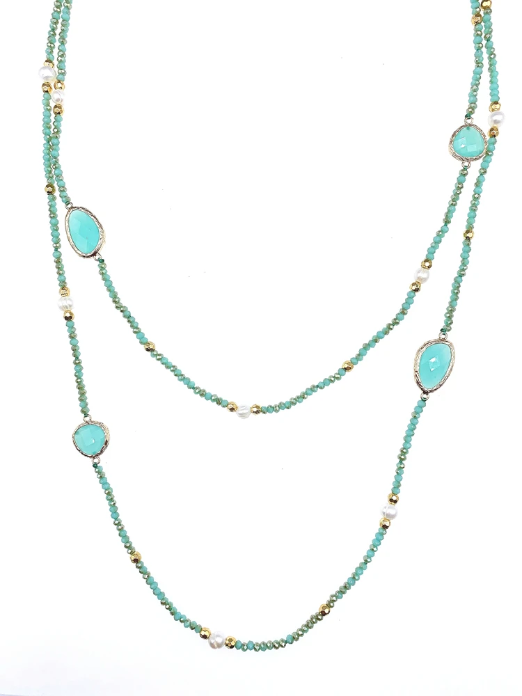 Faceted Cut Irregular Aqua Quartz Long Necklace With 5-6mm White Freshwater Pearls 2mm Crystals And Hammered Gold Beads 50 Inch