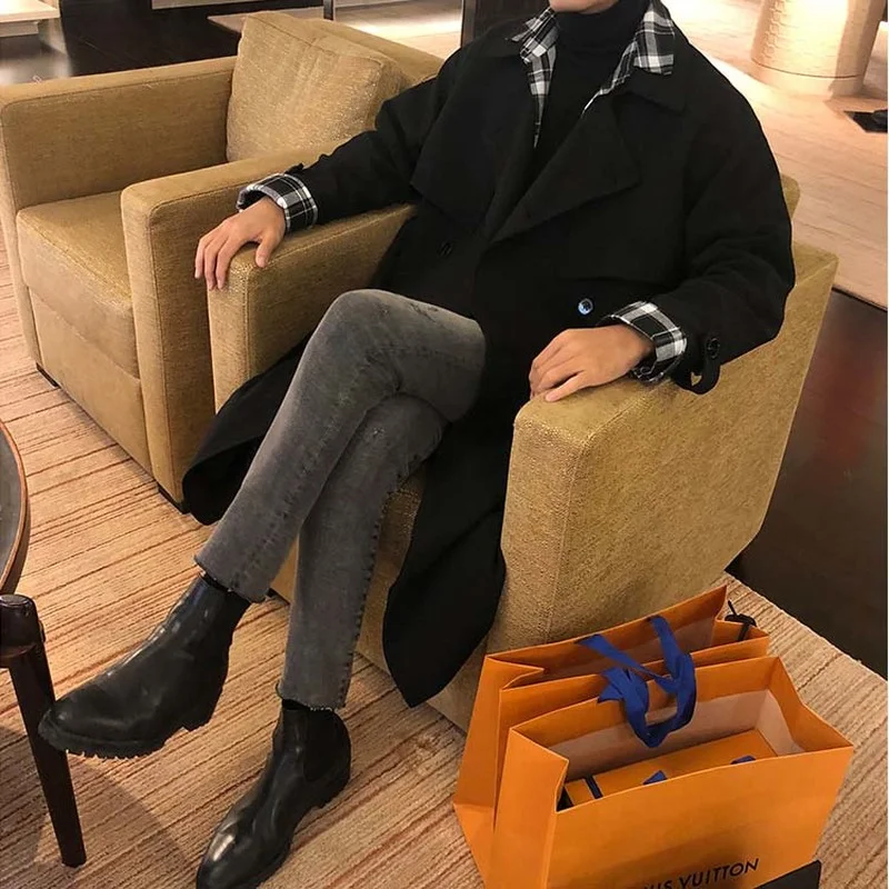 Men Double Breasted Trench Fashion England Style Turn Down Collar Sash Over Knees Windbreaker Male Handsome College Casual Coats