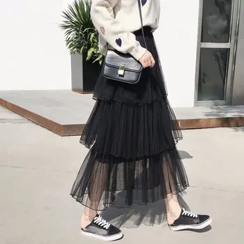

Women irregular Tulle Skirts Fashion Elastic High Waist Mesh Tutu Skirt Pleated Long Skirts Midi Skirt Saias Faldas Jupe Femmle