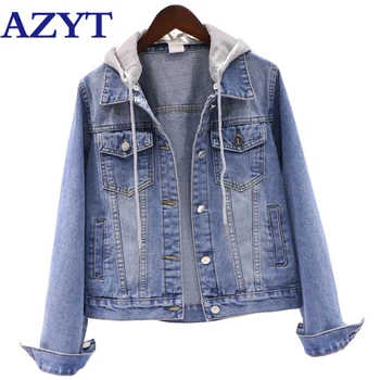 

AZYT Fashion Hooded Female Denim Short Jacket 2020 Casual Outdoor Long Sleeve Slim Denim Jacket For Women