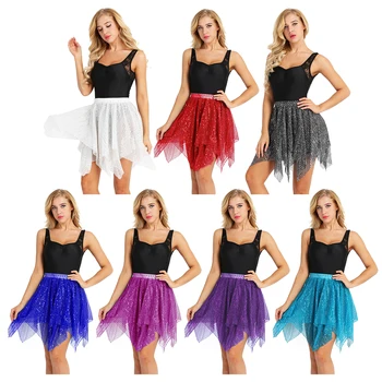 

Women latin skirt Glitter Polka Dots Asymmetric Latin Dance Skirt Adult Performance Costume Dance Skirt latin dance dress women