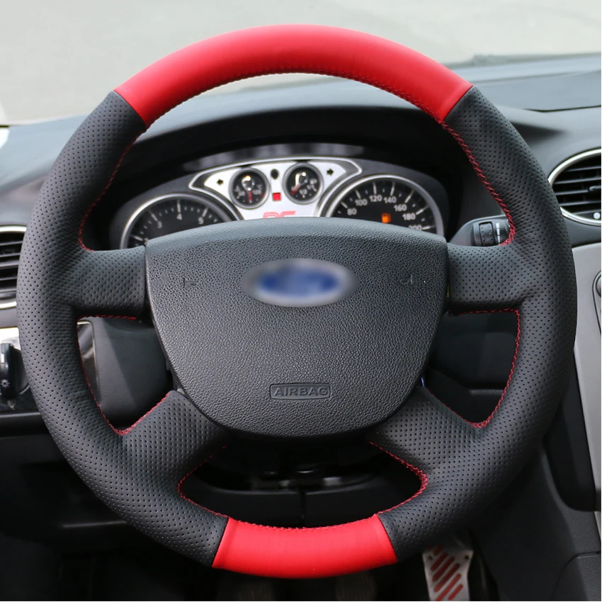 Черный, красный кожаный чехол для рукоделия рулевого колеса для Ford Kuga 2008-2011 Focus 2 2005-2011 C-MAX 2007-2010 Transi