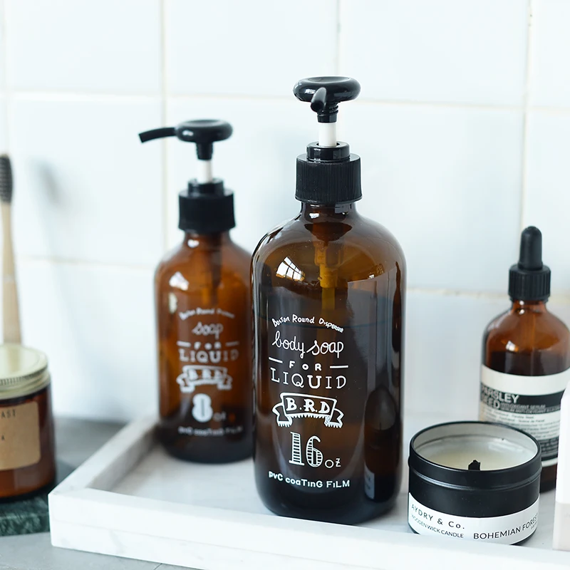 

450ml Nordic Glass Bath Shampoo Storage Bottle Brown Liquid Lotion Bottle Storage Bottle Home Organizer Decor