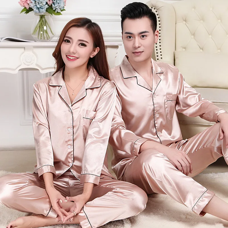 

New Style Spring And Summer Autumn Men Women's Couples Imitated Silk Pajamas Silk Marriage Long Sleeve Short Sleeve Homewear Set
