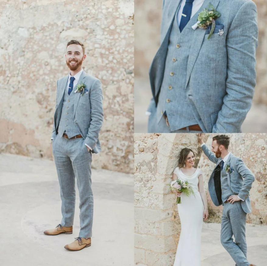 Men's Linen Wedding Suits Groomsman 3 pieces Blue Tuxedos Formal Groom Suits