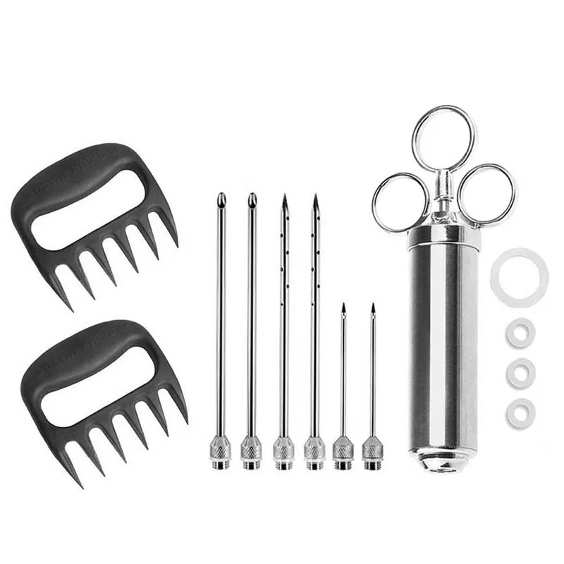 Marinade Meat Injector 2 Ounce Capacity with 6 Needles Silicone Brush Stainless Steel BBQ Injector Syringe - Цвет: 6Needle 2Fork
