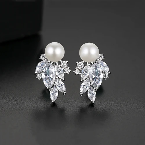 LUOTEEMI Imitation Pearl Wing Shape Stud Earrings for Women Dating with Cubic Zircon Fashion Jewelry Christmas Gift Brincos - Metal Color: White