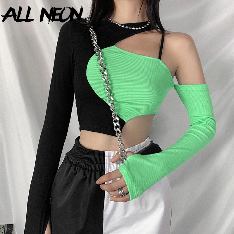 ALLNeon E girl панк стиль открытые плечи ажурные лоскутные футболки Y2K модный o образный