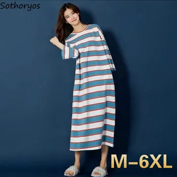 

Nightgowns Women Striped Oversize 6XL Mid-calf Loose Casual Simple Sleep-shirts Female Comfortable Soft Skin-friendly New Trendy