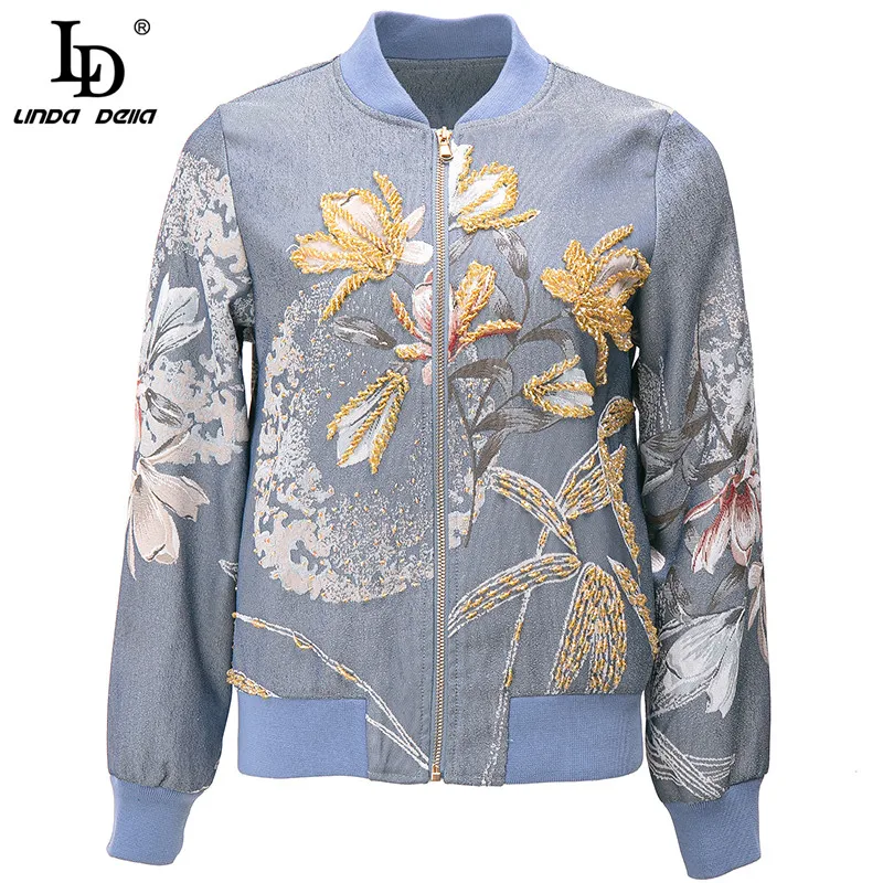 

LD LINDA DELLA Fashion Designer Autumn Jackets Coat Women Stand collar luxurious Crystal Beading 2020 Vintage Jacquard Outwear