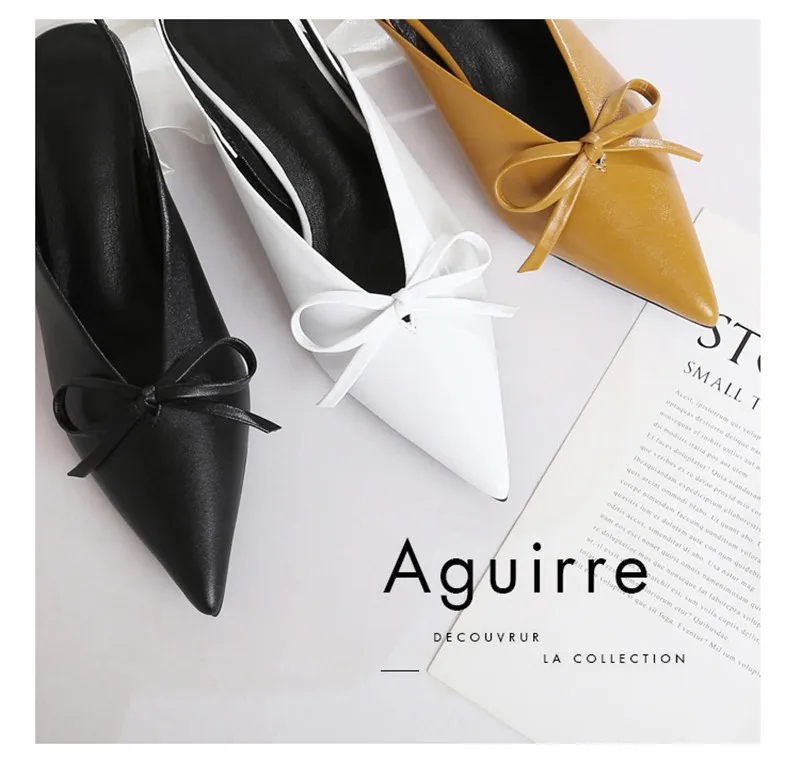 Genuine Leather White Black Ladies Wedding Shoe Sexy Pointed Toe Bowtie Party Shoes Slingback Pumps Women Slip On Yellow Sandals