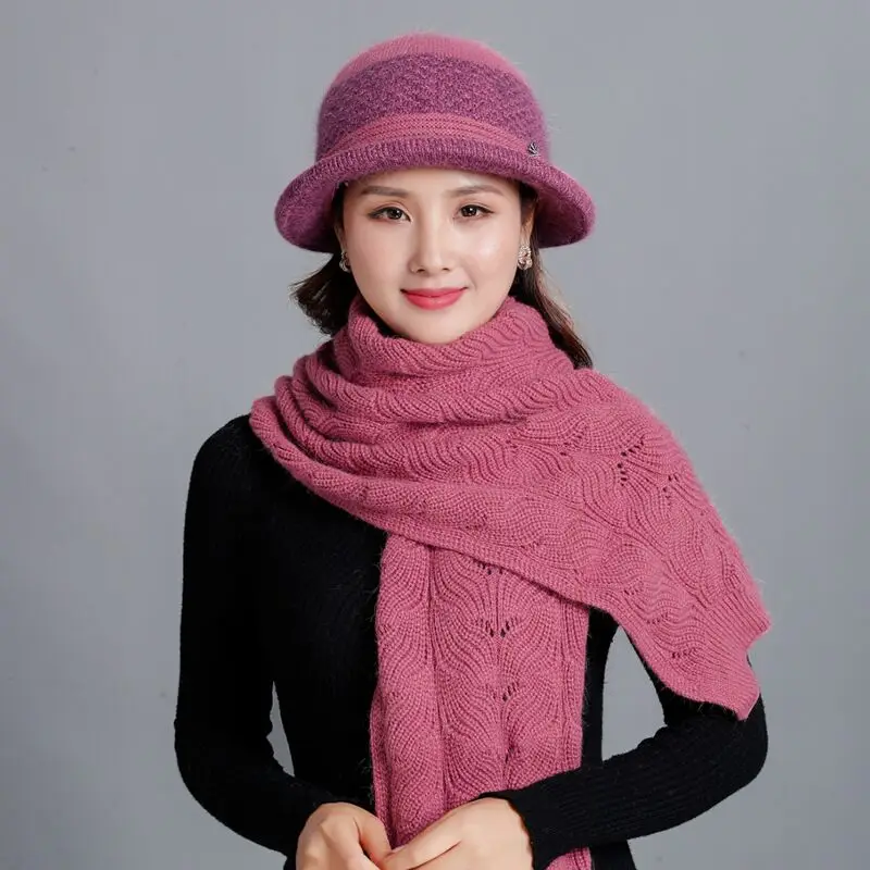 Дамский элегантный зимний набор из шапки и шарфа, шерсть, смешанный мех кролика, теплая шапка для бассейна для женщин среднего возраста, женские шапки-ведра - Цвет: Leather Pink 2pc