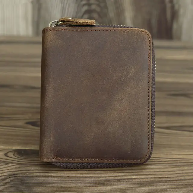 Short Organizer Wallet Man With Zipper Around Genuine Leather Male Coin Purse Crazy Horse Leather Card Holder For Boys Vintage Color 2