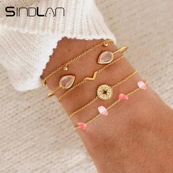 

Sindlan 5PCs Pink Quartz Chain Bracelets Set Boho Crystal Charm Bangles Bracelets for Women Jewelry Gold Simple Bracelets Femme