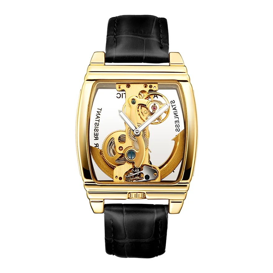 Креативные автоматические механические часы с циферблатом, мужские часы в стиле стимпанк со скелетом, Роскошные мужские часы с кожаным подзаводом - Цвет: Gold black