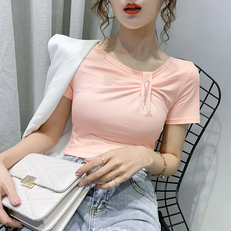 Женская Однотонная футболка с v образным вырезом хлопковая облегающая короткими