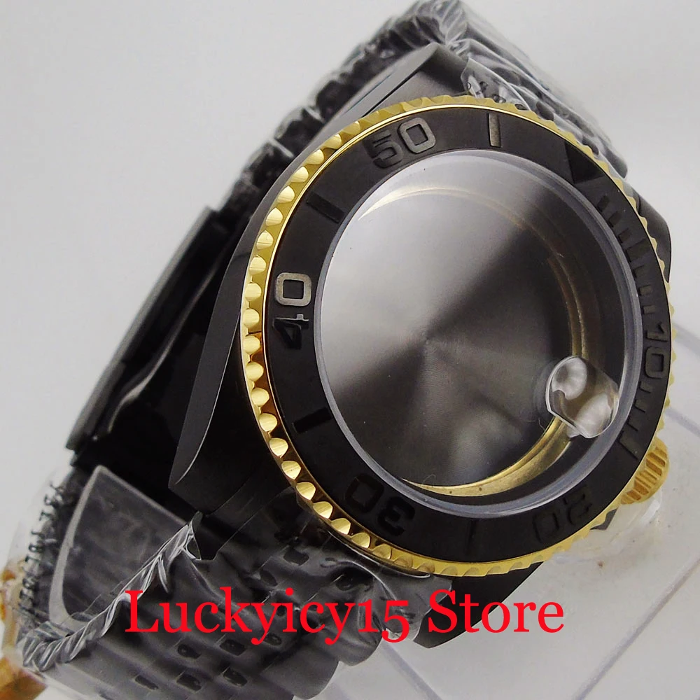 

Fit ETA 2836 MINGZHU 2813 MIYOTA 82 Series Movement 40mm Black Plated Automatic Watch Case + Jubilee Band Brushed Bezel Insert