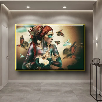 

Abstract colorful naked girl with butterfly on canvas mural posters and prints fashion African girl art painting home decoration