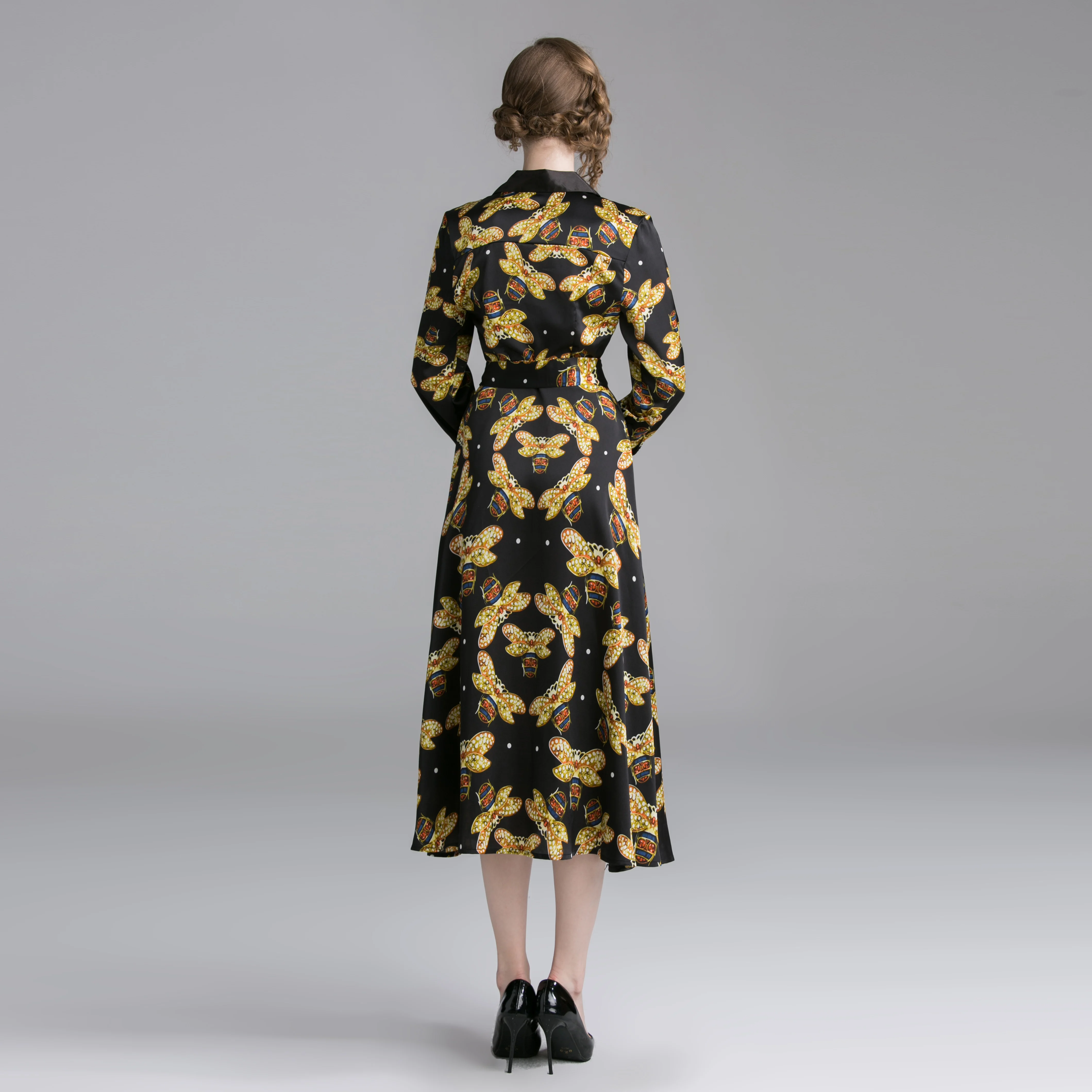Костюм воротник пчелы печати миди платье vestidos повседневное Mujer готическое женское Бандажное платье Damen Kleider zomer jurk K9006