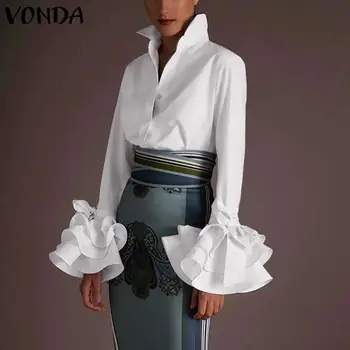 

New Women Shirts VONDA 2020 Spring Summer Sexy Turn-down Collar Flare Sleeve Party Tops Office Blouse Casual Plus Size Blusas