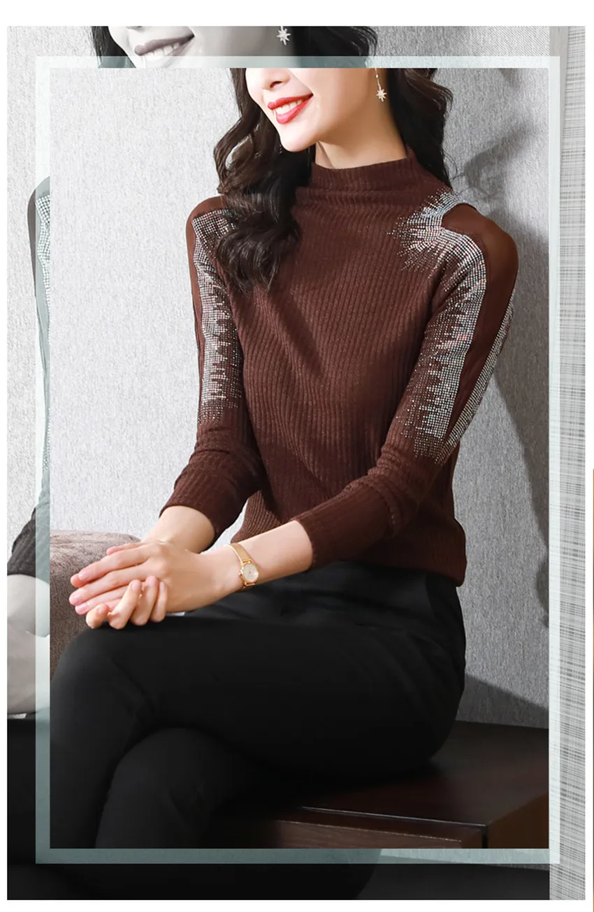 cropped cardigan Korean Fashion Diamond Hot Drill High Neck Pullover Tops Autumn Winter Knitted Sweater Women Slim Undershirt Knitwear Pull Femme Sweaters