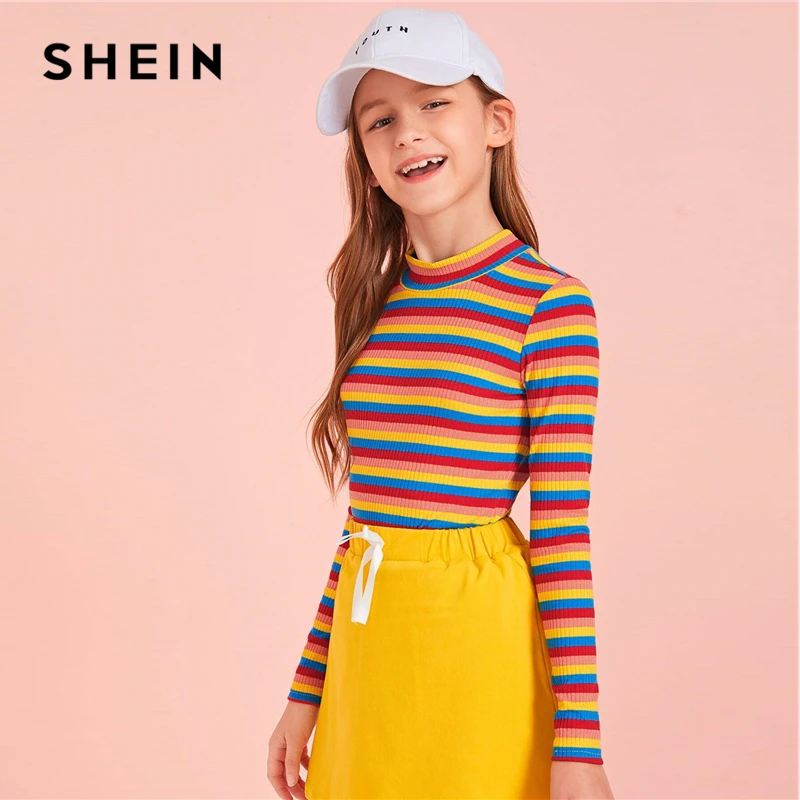 SHEIN/Детская разноцветная полосатая трикотажная футболка в рубчик; одежда для подростков; коллекция года; сезон осень; Детские повседневные Топы И Футболки с длинными рукавами