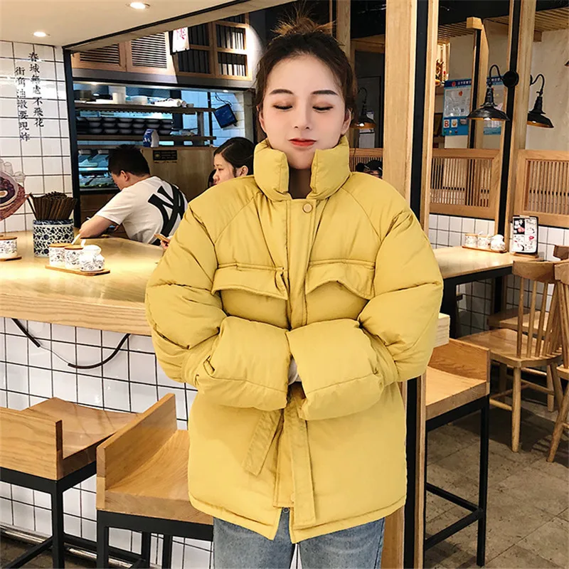 Зимняя куртка с воротником-стойкой женская желтая красная короткая парка с хлопковой подкладкой Женская куртка с регулируемой талией зимнее пальто Верхняя одежда C5847