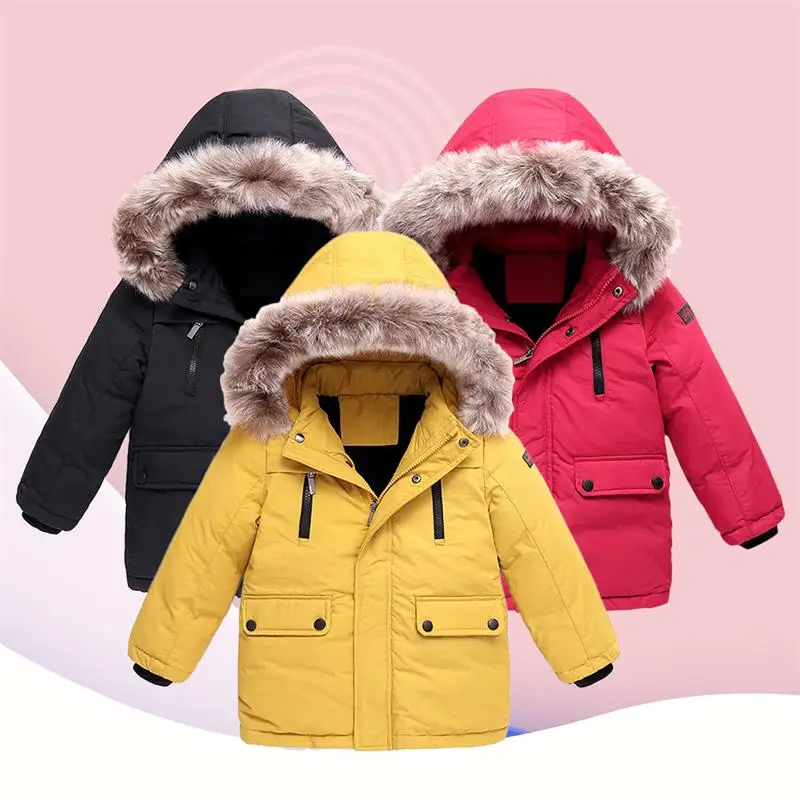 Famuka/Зимний пуховик средней длины для мальчиков; Детские плотные теплые пальто с капюшоном и воротником из натурального меха; детская однотонная Повседневная Верхняя одежда