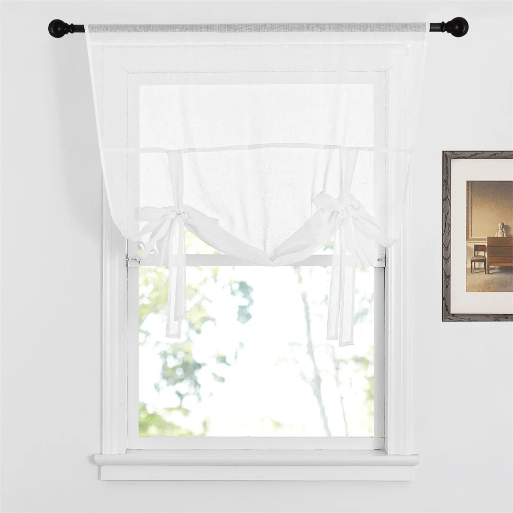 NICETOWN 1PC Tie Up Shade Rod Pocket Sheer Curtain Modern Solid European and American Style for Kitchen Small Window 